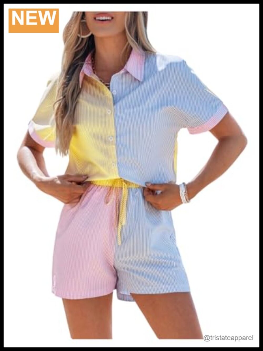 2 Piece Striped Button Up Shirt & Shorts Matching Set Women Summer Outfit